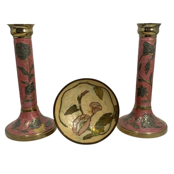 VTG Solid Brass Candle Holders & Decorative Bowl Set Floral Made In India FLAW - Picture 1 of 9